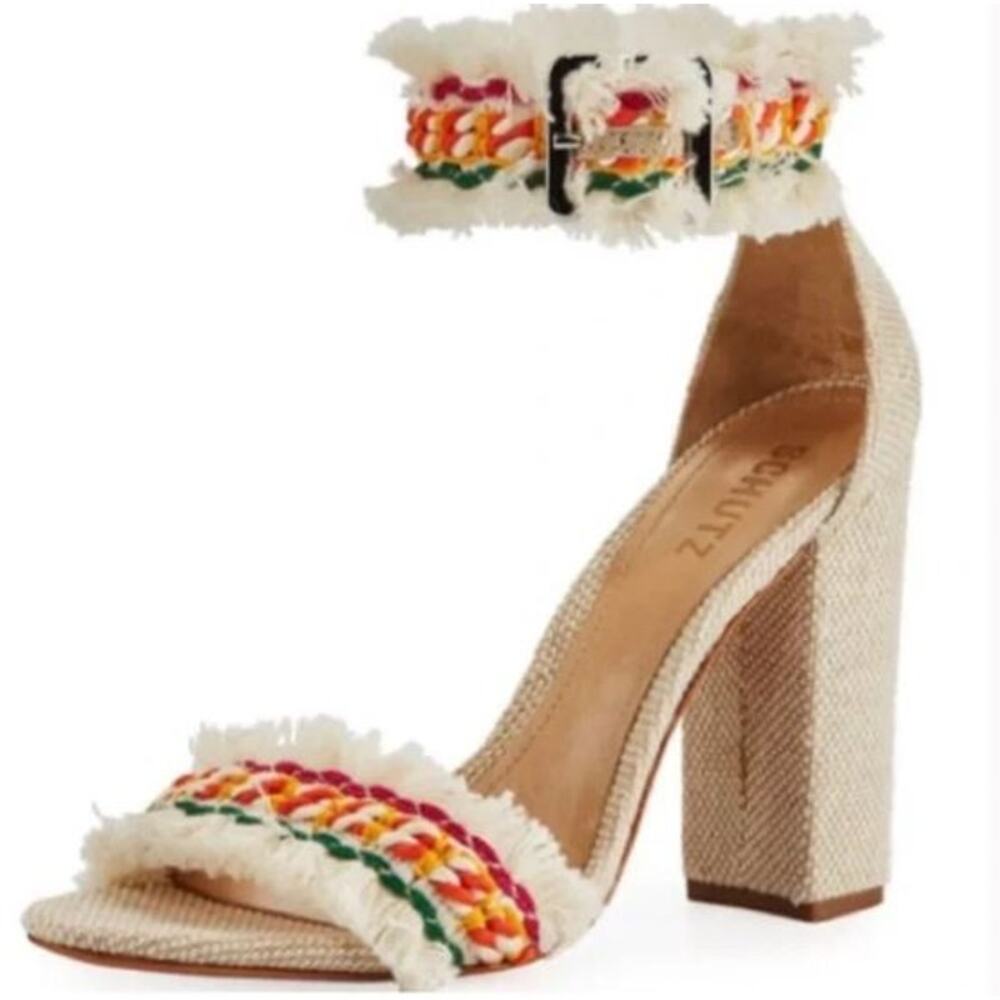 SCHUTZ Zoola Heels Fringed Rainbow Block Woven Brazil US 10
